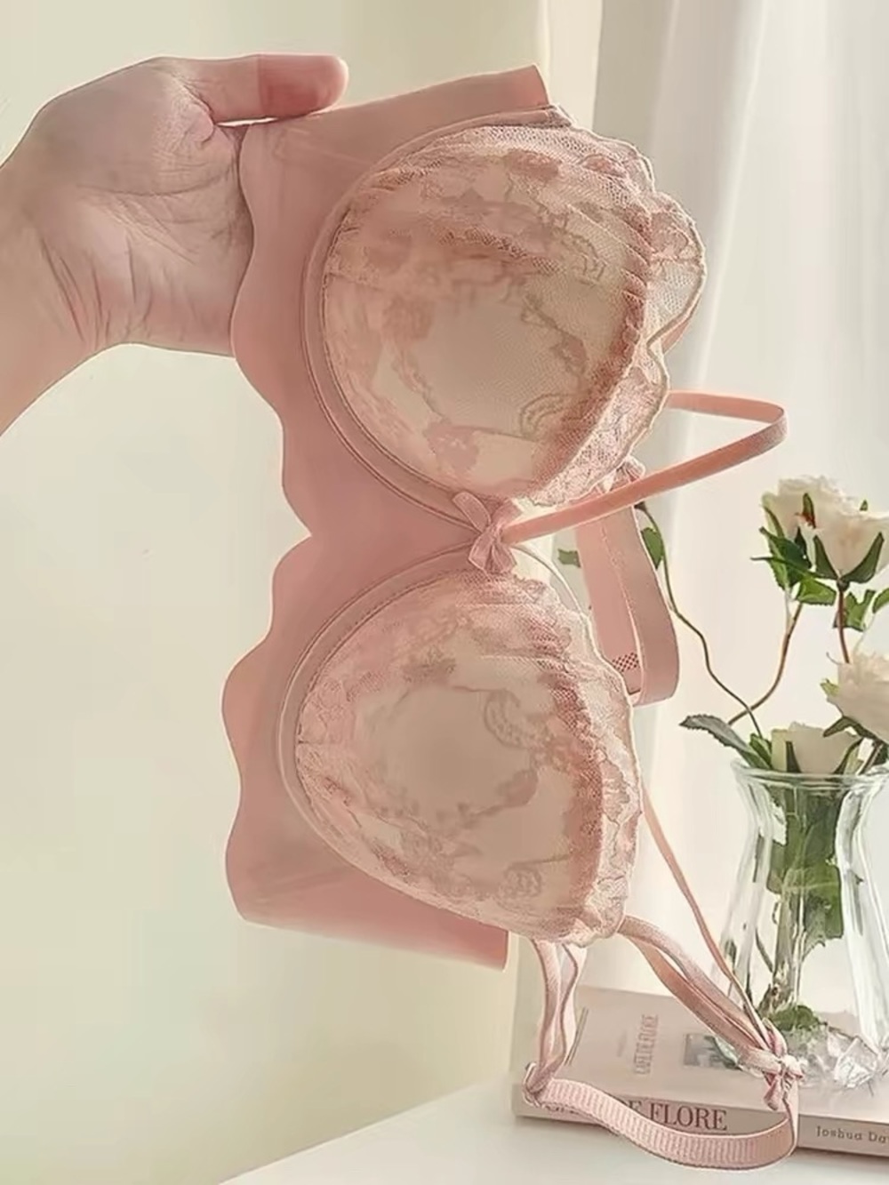Sheer Lace Underwire Bra in Blush Pink